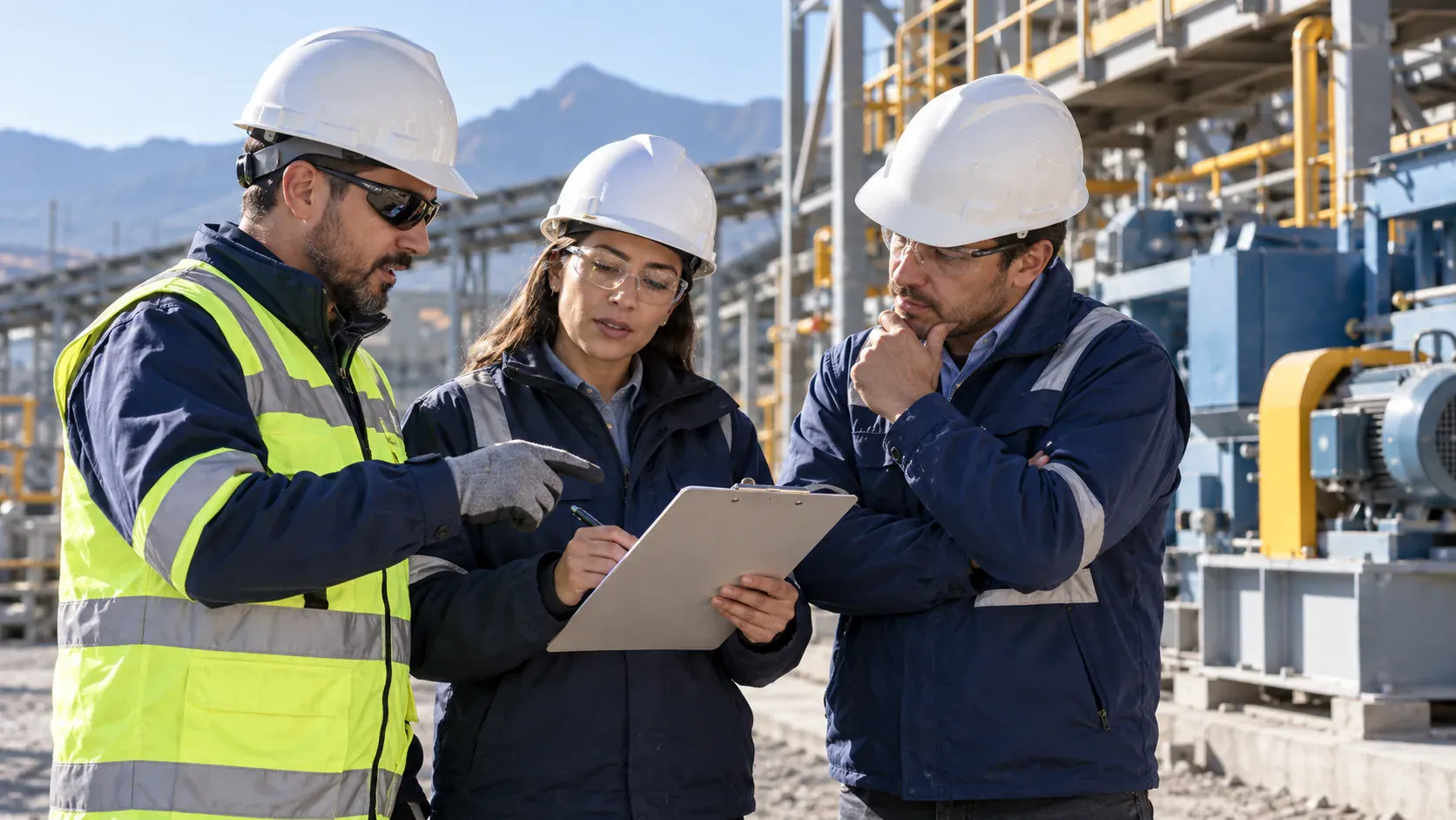 Imagen ilustrativa de un equipo HSEQ revisando medidas preventivas en una operación industrial