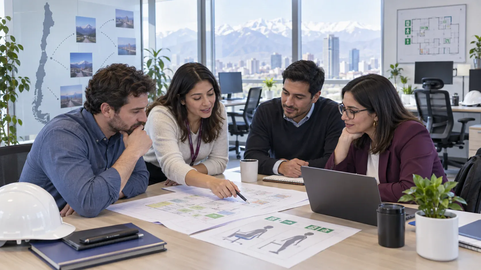 Imagen ilustrativa de un equipo de oficina revisando ergonomía y preparación ante emergencias