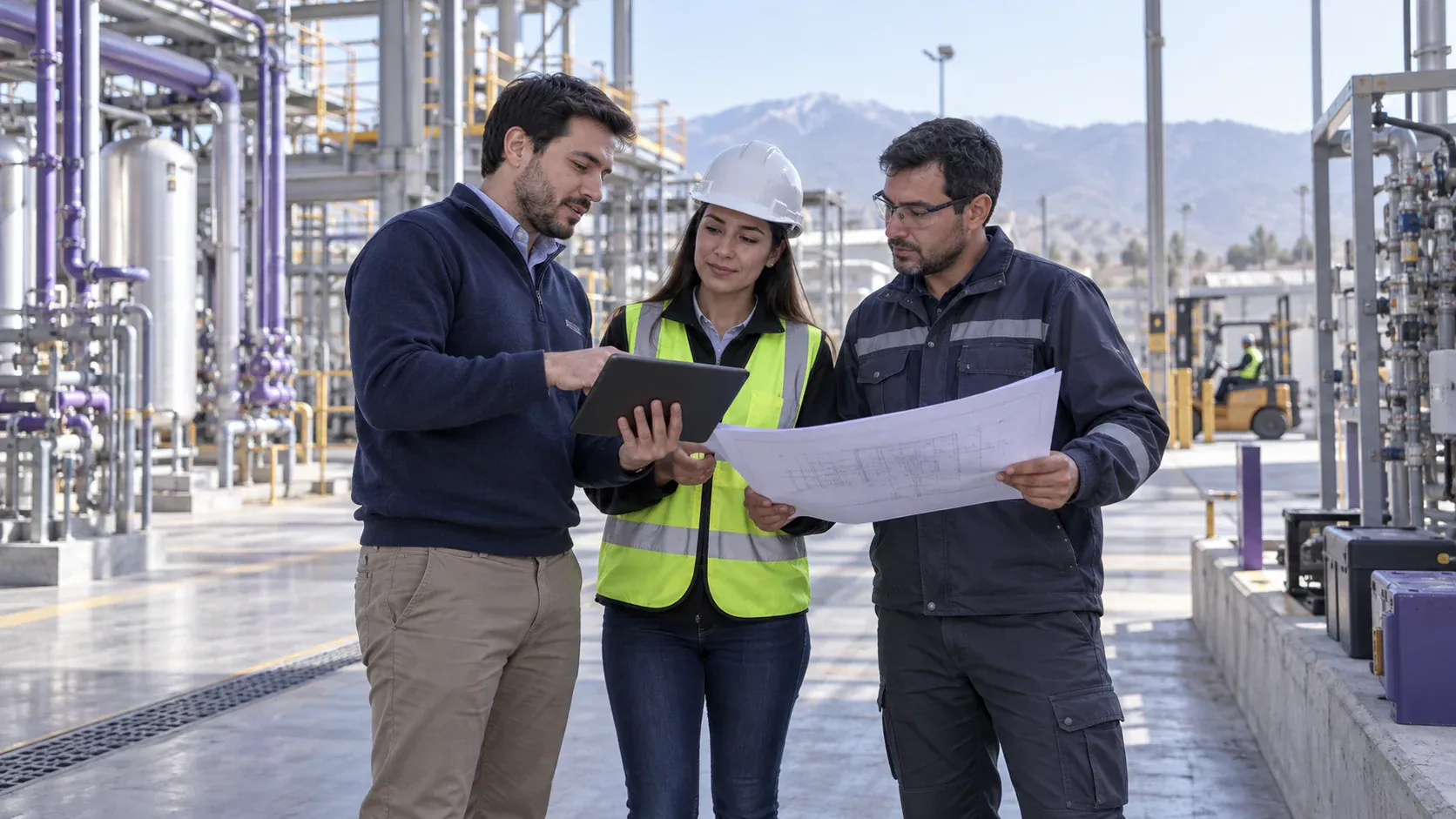 Imagen ilustrativa de profesionales de ingeniería, prevención y operación revisando un proceso en terreno