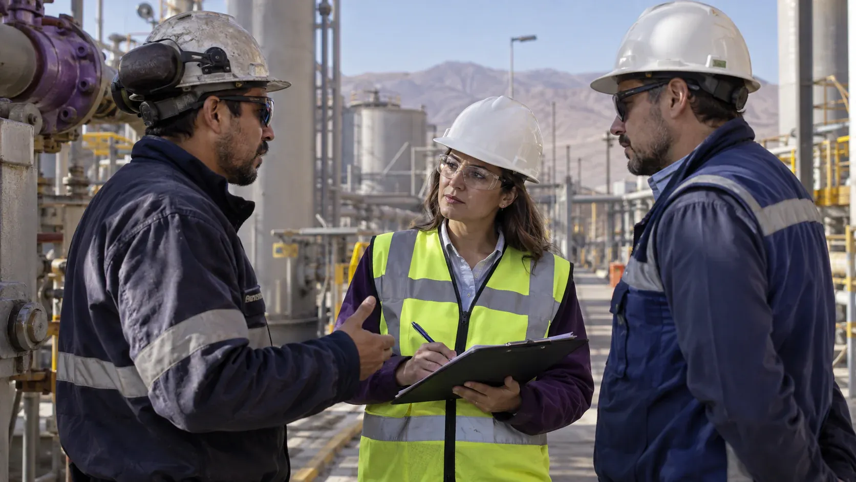 Imagen ilustrativa de una especialista en seguridad conversando con trabajadores en una operación industrial